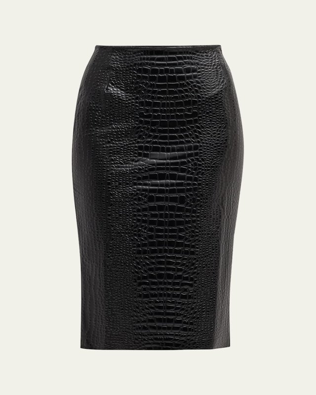 Crocodile-Embossed Faux Leather Midi Skirt